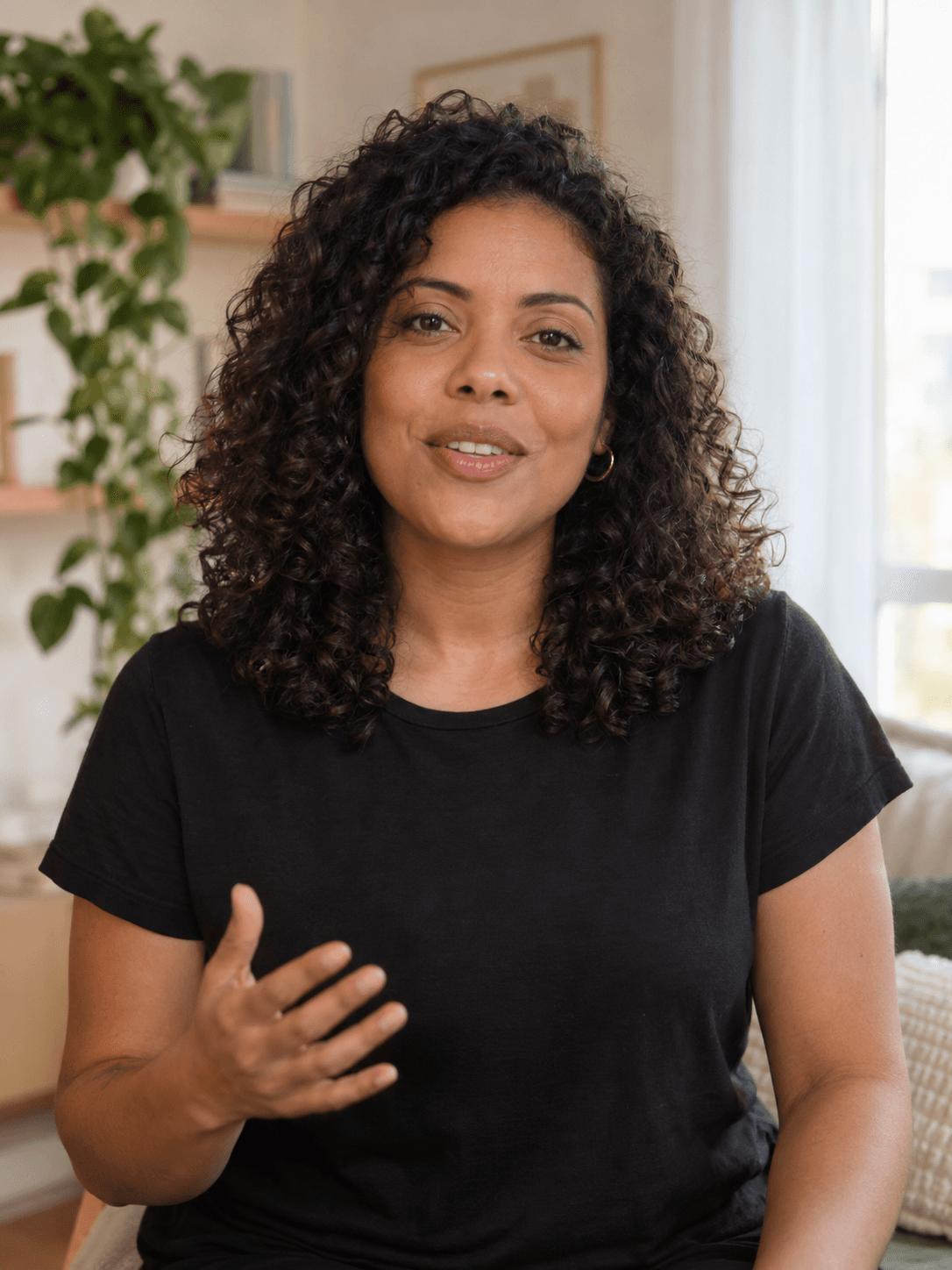 Criadora falando diante da câmera em um estúdio caseiro, em uma prévia ilustrativa do teleprompter.